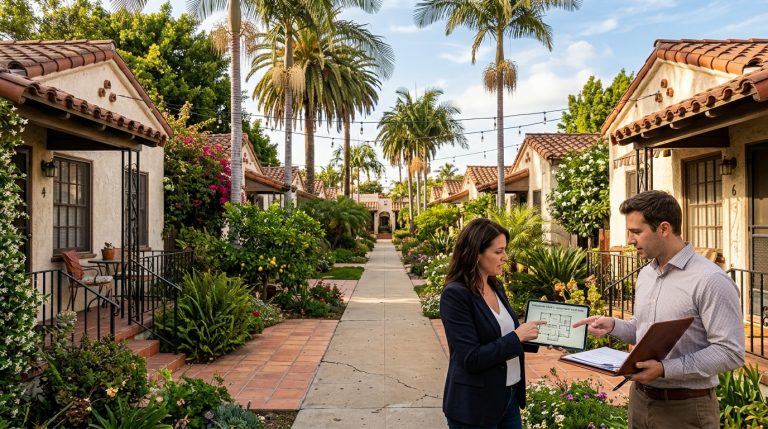 A cinematic, semi-conceptual yet realistic image illustrating the evolution of bungalow courts in Los Angeles. The scene is split or blended: one side shows a slightly faded, vintage version of a bungalow court from the early 20th century with period-accurate cars and muted tones; the other side transitions into a modern, well-restored version with updated landscaping, fresh paint, and contemporary tenants. A real estate investor stands in the middle reviewing renovation plans, symbolizing value appreciation over time. Subtle overlay elements like historical photos or faint blueprint lines enhance the storytelling. Golden hour lighting, high detail, and a polished real estate marketing aesthetic.