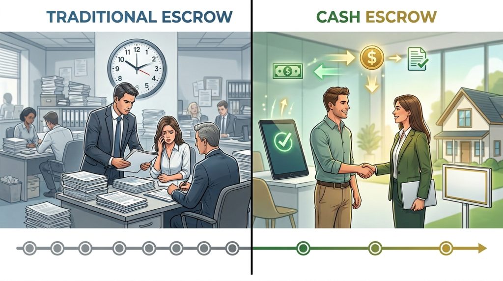 Traditional Escrow vs Cash Escrow: A Full Timeline 1 A photorealistic scene of two parallel real estate closing experiences happening side by side in the same frame. On one side, a stressed couple sitting at a desk with a real estate agent and lawyer, surrounded by documents, folders, and a visible wall clock indicating time passing—representing traditional escrow. On the other side, a relaxed buyer smiling while completing a quick digital transaction on a tablet or laptop, with a minimalist setting and a bright, welcoming home in the background—representing cash escrow. Natural lighting, shallow depth of field, authentic human expressions, and a cinematic composition. Subtle visual cues like motion blur on the “traditional” side and sharp clarity on the “cash” side to emphasize speed difference. No text overlays.