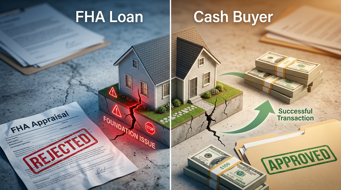 Why Foundation Cracks Don't Scare Cash Buyers But Stop FHA Loans 1 Why Cash Buyers Approach Foundation Cracks Differently
Cash buyers are not reckless. They are just operating without the layer of institutional risk management that a lender brings to every transaction. When a cash buyer walks through a home with visible foundation cracks, they are doing their own math. They look at the repair estimate, the discounted price, and the potential upside after the work is done. That math either works or it does not.