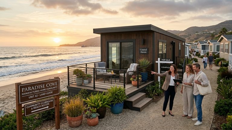 A high-resolution, photorealistic image of a beautifully maintained manufactured home in a Malibu beachside community. The home features a modern exterior with a small deck, outdoor seating, and potted plants, positioned just steps from the ocean. In the background, waves crash gently along the shoreline under soft golden hour light. A real estate agent speaks with a casually dressed couple, pointing toward the property while holding a tablet. Subtle visual cues like a “land lease community” sign or shared amenities (like a communal path or clubhouse) hint at the unique ownership structure. The mood is relaxed yet upscale, blending affordability with premium coastal living. Editorial real estate photography style, crisp detail, warm tones.