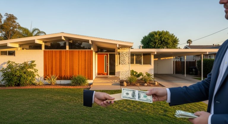 An interior of an outdated mid-century home in Encino featuring vintage elements like wood-paneled walls, retro fixtures, and worn furniture. In the foreground, a sleek modern table contrasts the setting, displaying a signed contract, house keys, and a visible stack of cash. A tablet screen shows “Cash Offer Accepted.” Natural light streams through large mid-century windows, symbolizing transition and opportunity. Hyper-realistic, balanced composition, soft shadows, modern real estate marketing aesthetic.
